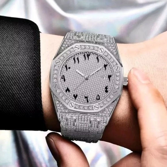 Men's Iced Simulated Diamond CZ Silverplated Alloy Arabic Numeral Quartz Watch - Picture 10 of 16